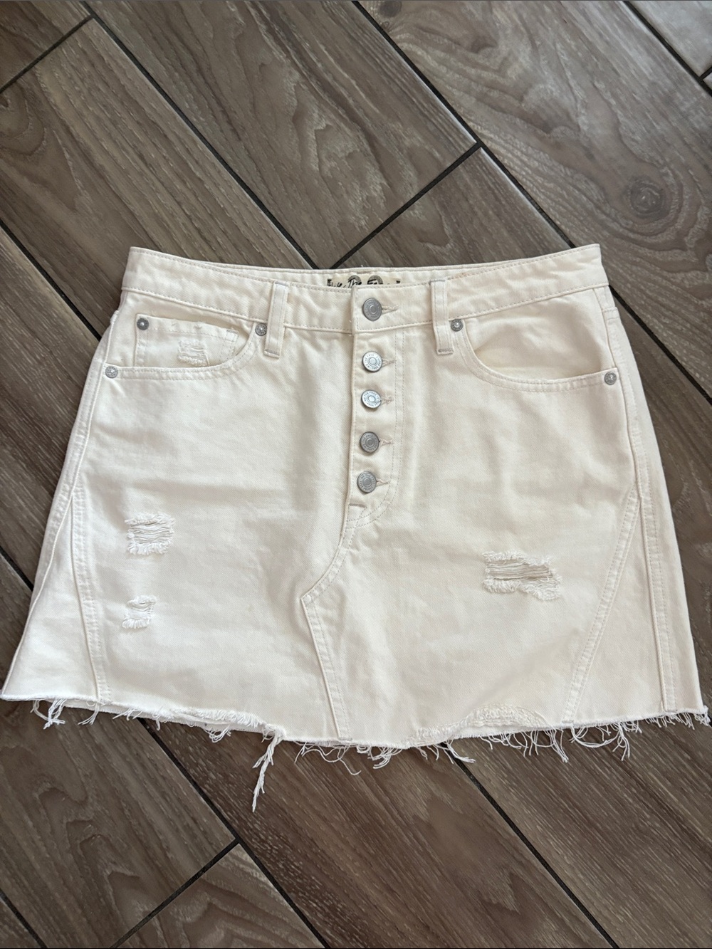 We the Free by FP Cream Button Fly Distressed Denim Mini Skirt Womens Size 30